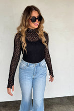 Load image into Gallery viewer, Super cute lace for layering or wearing alone! SUPER soft, stretchy top features a totally sheer design. Perfect worn alone or paired under your favorite Lola cardigan, vest or sweater! Slight mock neck with lettuce trim and thumbhole detail sleeves.