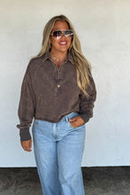 Load image into Gallery viewer, We spared no attention to detail in this raw hem/semi crop pullover! Such a relaxed, trendy look! Has a slouchy fit, vintage wash, exposed seaming and ribbed cuffs. Has super soft terry "sweatshirt" feel on the inside! Fit: Oversized, slouchy fit with