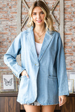 Load image into Gallery viewer, Relaxed fit one button closure denim blazer featuring a notched lapel. Button cuffed long sleeves with two side pockets.