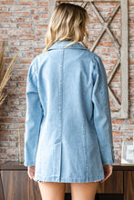 Load image into Gallery viewer, Relaxed fit one button closure denim blazer featuring a notched lapel. Button cuffed long sleeves with two side pockets.