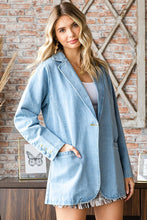Load image into Gallery viewer, Relaxed fit one button closure denim blazer featuring a notched lapel. Button cuffed long sleeves with two side pockets.