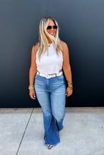 Load image into Gallery viewer, THREE WORDS! TUMMY. CONTROL.PANNEL. We are SO excited to not only launch these stretchy, light distressed flares, BUT, having a tummy control panel is a game changer with a NEW DESIGN! Take sides in style with our PINSTRIPE JEAN! Perfect for game day o