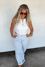 Load image into Gallery viewer, These trendy stripe barrels have more of a mid-rise fit, semi stretchy denim, and wide-legs that taper at the ankle. Darted at the knees to keep the "flare out" form. Features beltloops and detailed seams on sides. High quality look! Medium wash with a d