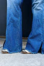 Load image into Gallery viewer, THREE WORDS! TUMMY. CONTROL.PANNEL. We are SO excited to not only launch these stretchy, light distressed flares, BUT, having a tummy control panel is a game changer with a NEW DESIGN! Take sides in style with our PINSTRIPE JEAN! Perfect for game day o