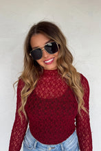 Load image into Gallery viewer, Super cute lace for layering or wearing alone! SUPER soft, stretchy top features a totally sheer design. Perfect worn alone or paired under your favorite Lola cardigan, vest or sweater! Slight mock neck with lettuce trim and thumbhole detail sleeves.