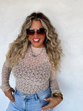 Load image into Gallery viewer, Super cute lace for layering or wearing alone! SUPER soft, stretchy top features a totally sheer design. Perfect worn alone or paired under your favorite Lola cardigan, vest or sweater! Slight mock neck with lettuce trim and thumbhole detail sleeves.