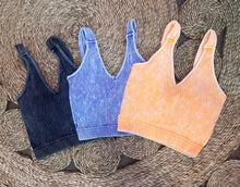 Load image into Gallery viewer, Washed ribbed cropped bra padded tank top with removable pad. V-Neck with square back.