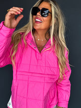 Load image into Gallery viewer, Stay warm and stylish cooler weather with the Peyton Puffer Jacket. Features a quilted pattern style with detail to all the trims! Has a hidden zip front pocket, snap button neckline, two side pockets, and a hoodie with pull tabs. Its high-quality mate