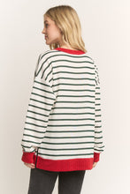 Load image into Gallery viewer, This long sleeve round-neck top features festive green stripes and a bold red trim for a fun pop of contrast. Soft, stretchy, and easy to wear, it’s the perfect comfy piece to dress up your everyday style.