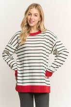 Load image into Gallery viewer, This long sleeve round-neck top features festive green stripes and a bold red trim for a fun pop of contrast. Soft, stretchy, and easy to wear, it’s the perfect comfy piece to dress up your everyday style.