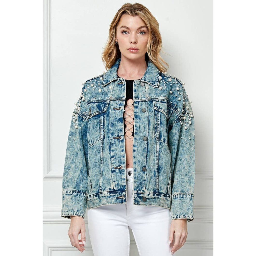 Oversize Pearl and Rhinestone Denim Jacket