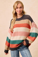 Load image into Gallery viewer, Meet The Pop of Cozy Pullover—where bold color meets all-day comfort. This chunky knit sweater features eye-catching striped color blocking that adds the perfect pop to your cold-weather wardrobe. Designed with a relaxed, easy fit and ultra-soft texture, 
