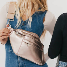 Load image into Gallery viewer, Stay chic and organized with our Marley Metallic Oversized Bum Bag. Available in 3 trendy colors, this oversized bum bag features exterior and interior pockets for all your necessities. Perfect for a stylish on-the-go look, without sacrificing functionali
