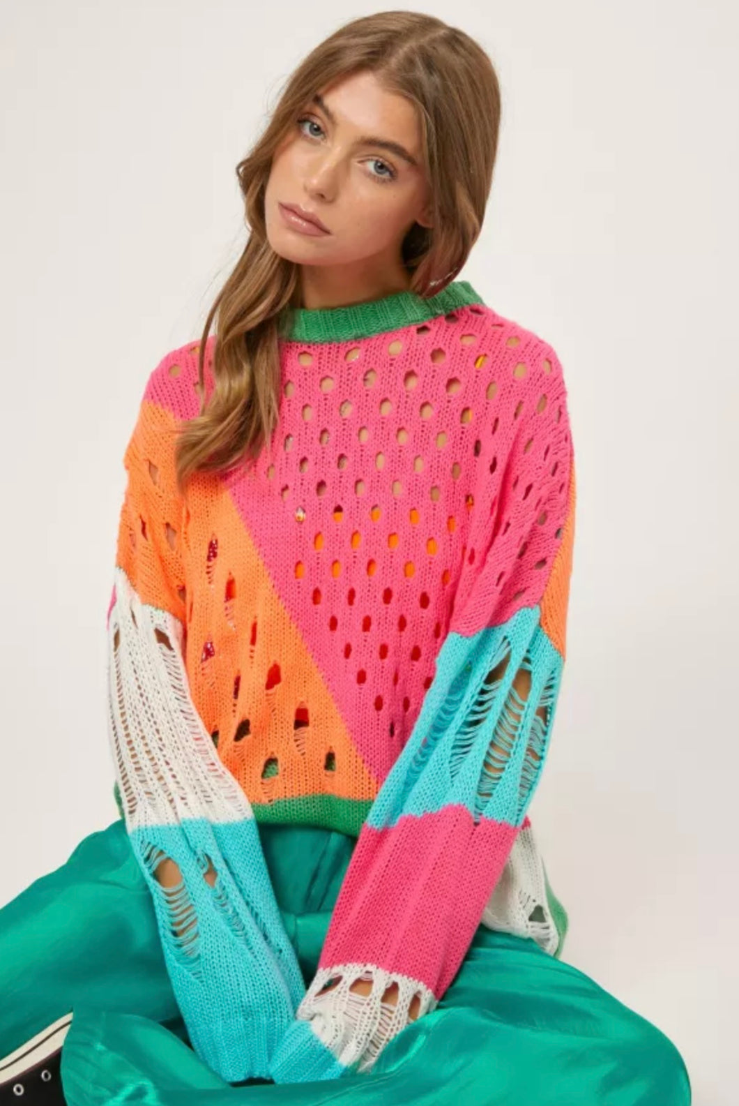 Color Block Distressed Sweater