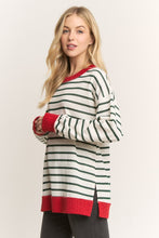 Load image into Gallery viewer, This long sleeve round-neck top features festive green stripes and a bold red trim for a fun pop of contrast. Soft, stretchy, and easy to wear, it’s the perfect comfy piece to dress up your everyday style.
